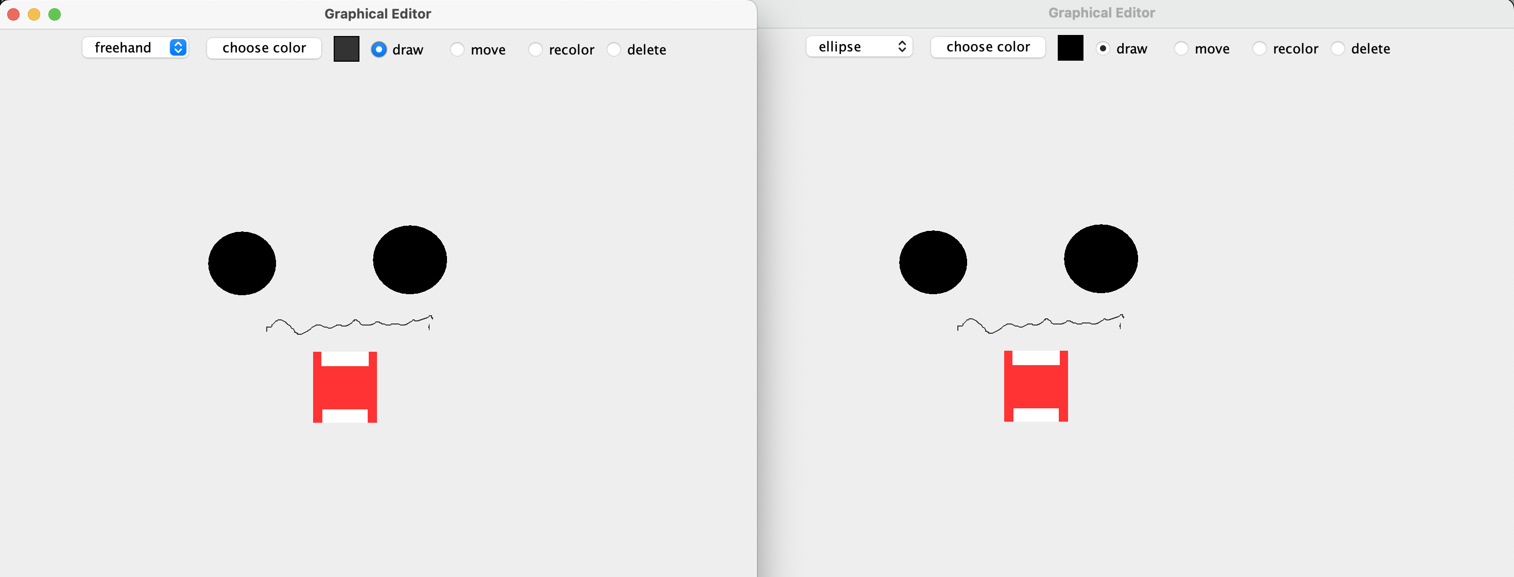 Two Editor clients connected to the same SketchServer, each showing the same sketch (ellipses, freehand polyline, rectangle).